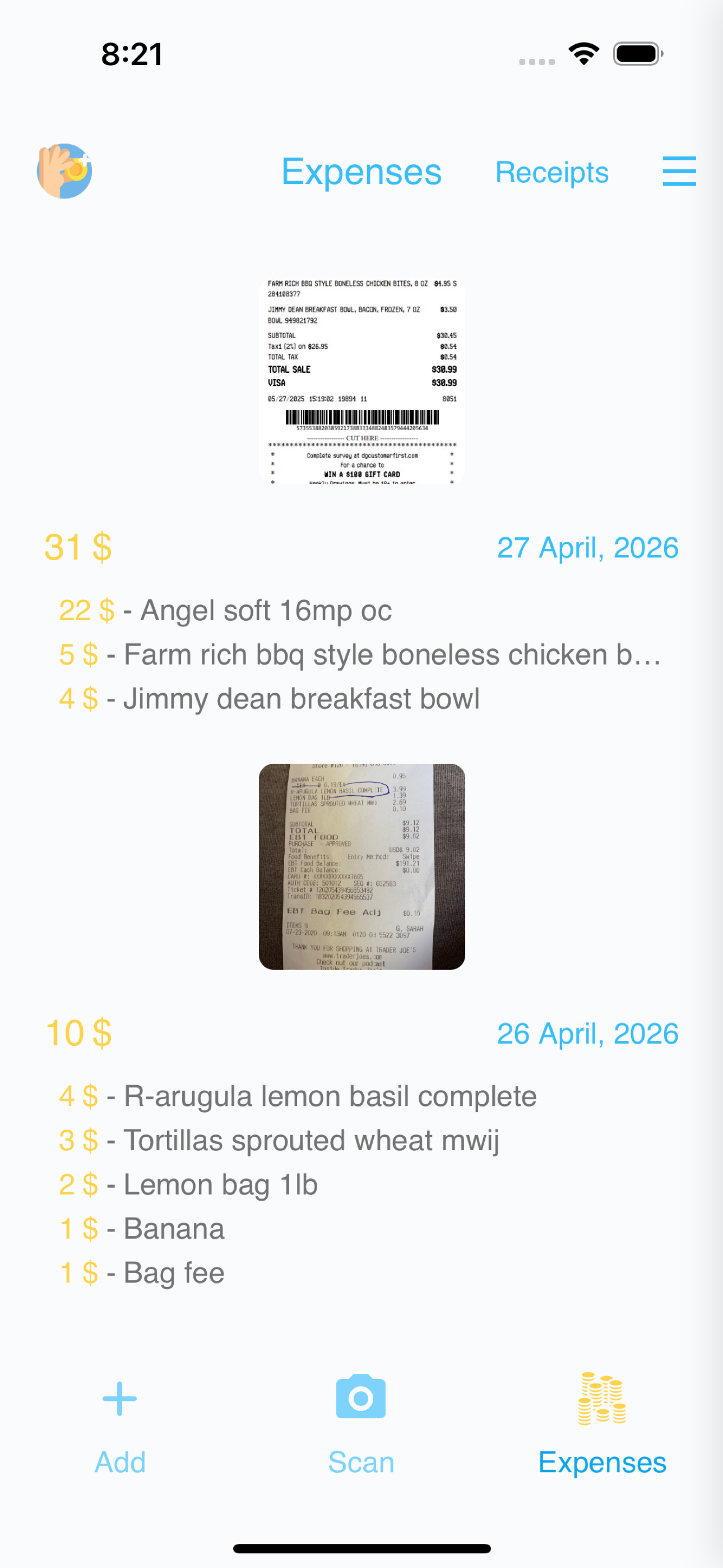 Receipts list